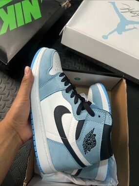 Nike Air Jordan 1 Mid in White, Light Blue and Black